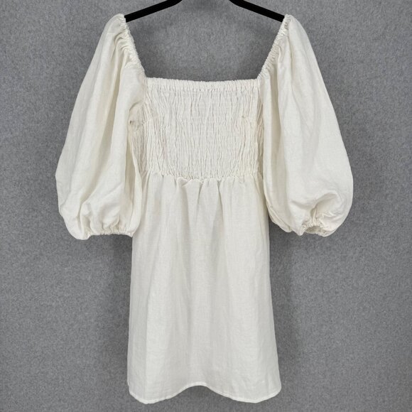 Tuckernuck Dresses & Skirts - Tuckernuck Annie Linen Smocked Mini Dress Size S White Puff Sleeve Neutral Chic